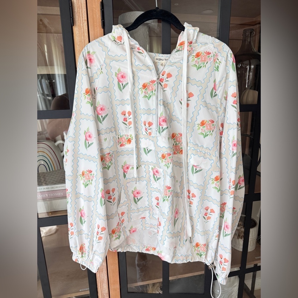 Block print windbreaker hoodie rain jacket zip up 1/4 floral watercolor pastel